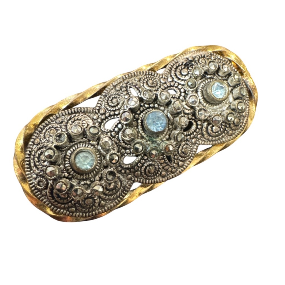 Vintage Silver Gold Filled Brooch Marcasites Blue Rhinestones Filigree